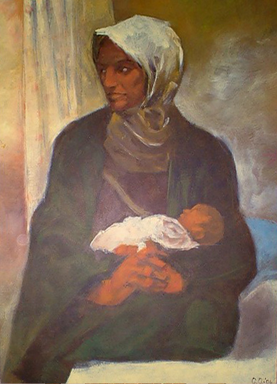 Madre con Bambino. Acrilico su tela cm 70 x 100. Roma 2005