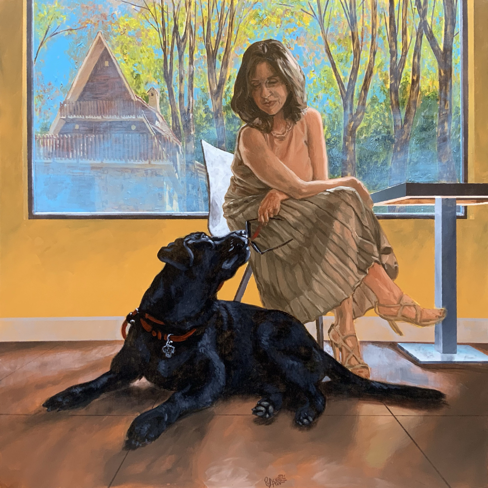 Donna con cane, olio su tela cm 120 x 120, Roma 2023